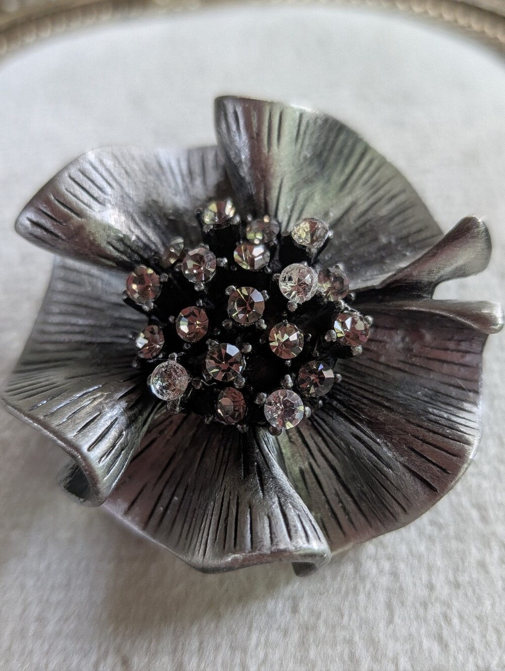 Vintage Silver Tone Flower Brooch Pendant Clear Smoky Gray Rhinestones Floral